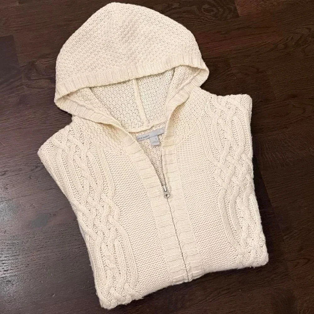 Y2K‎ Vintage Old Navy Lambswool Hooded Cable Knit 3D Zip Up Sweater | Cream | XL